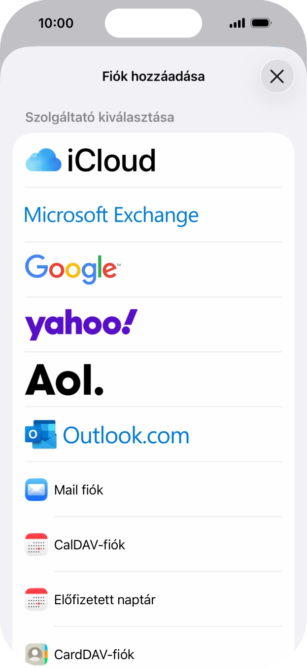 Válaszd a Mail fiók lehetőséget.