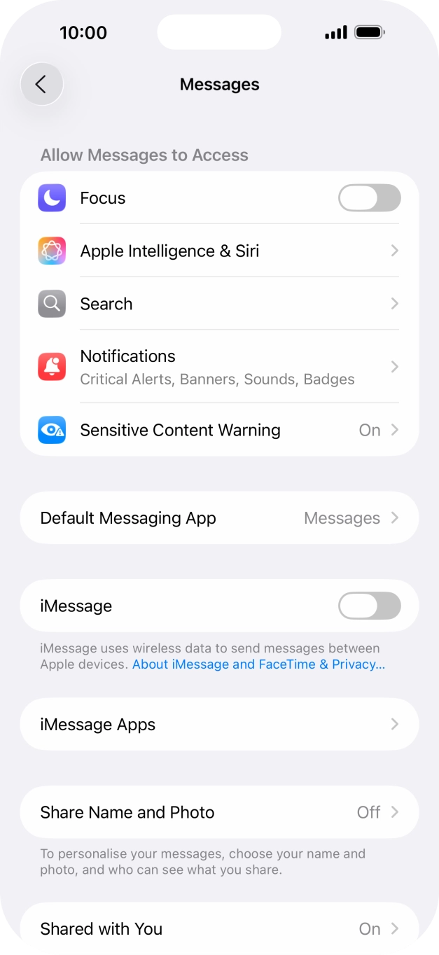 Press the indicator next to 'iMessage' to turn on the function.