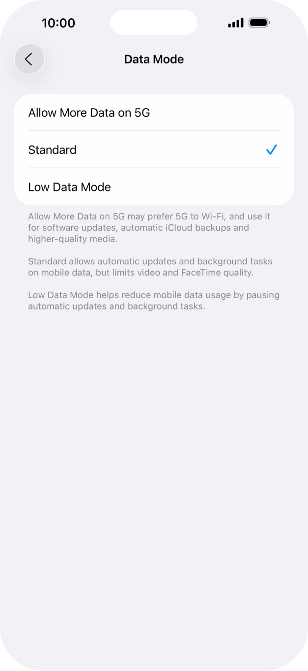 Press the required setting.