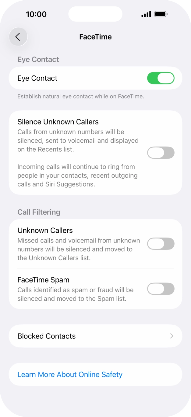 Press the indicator next to 'Eye Contact' to turn the function on or off.