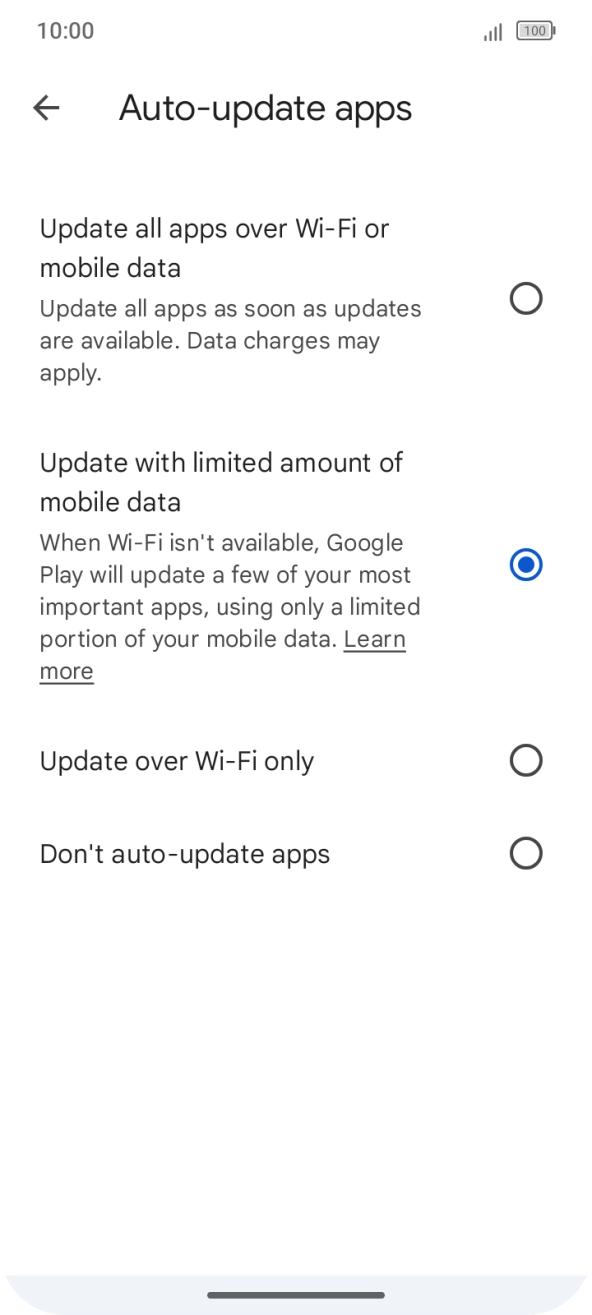 To turn on automatic update of apps using mobile network, press Update all apps over Wi-Fi or mobile data.