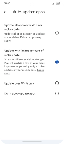To turn on automatic update of apps using mobile network, press Update all apps over Wi-Fi or mobile data.