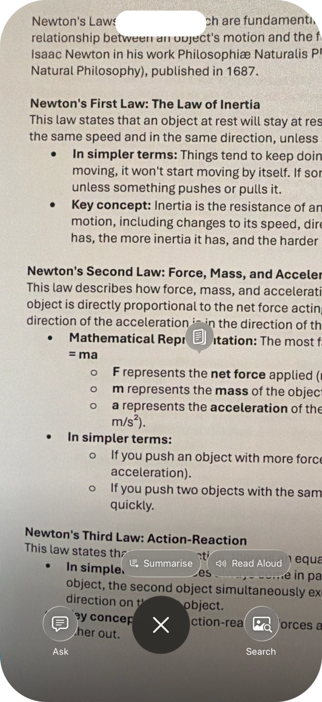 To use visual intelligence on a text, take a picture of the text, press the required setting and follow the instructions on the screen to use the function.