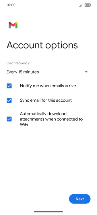 If this screen is displayed, your email account has been recognised and set up automatically. Follow the instructions on the screen to key in more information and finish setting up your phone.