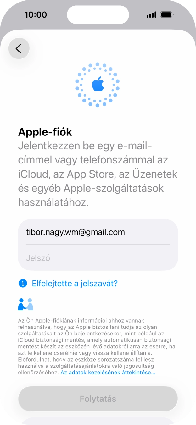 Kattints a Jelszó mezőre, és írd be az Apple-fiókodhoz tartozó jelszót.