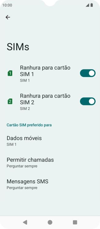 Prima o indicador  junto ao cartão SIM pretendido para ativar ou desativar a utilização do cartão SIM.