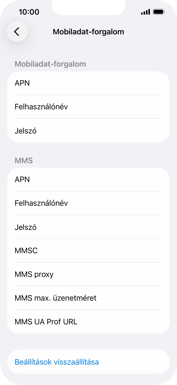 Válaszd az APN lehetőséget. Amennyiben előfizetésed van, írd be azt, hogy mms.