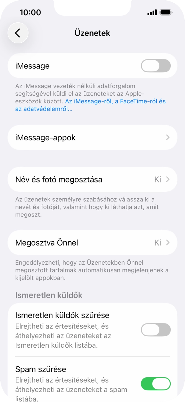 Kattints az „iMessage” melletti csúszkára a funkció bekapcsolásához.