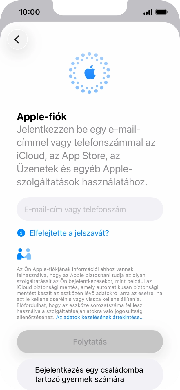 Válaszd az E-mail-cím vagy telefonszám lehetőséget, és írd be az Apple-fiókodhoz tartozó felhasználónevet.