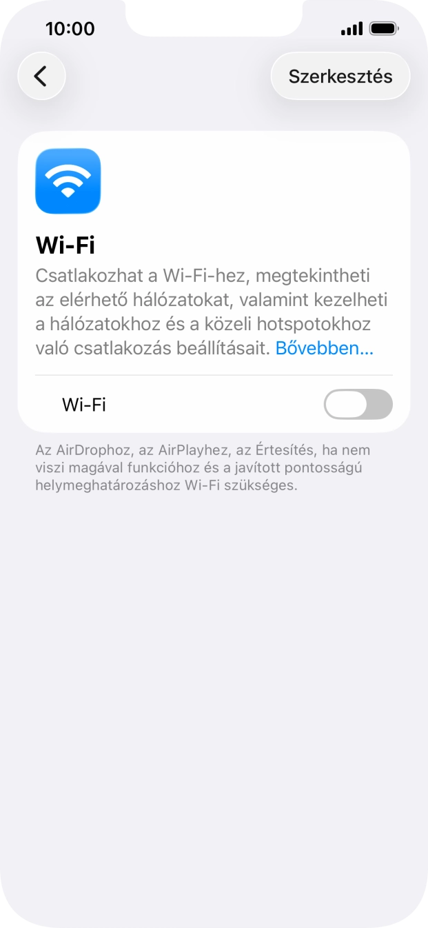 Kattints a „Wi-Fi” melletti csúszkára a funkció bekapcsolásához.