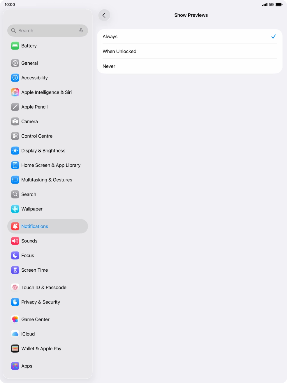 To select push notification preview on the lock screen, press Always.