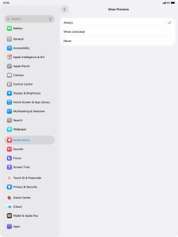 To select push notification preview on the lock screen, press Always.