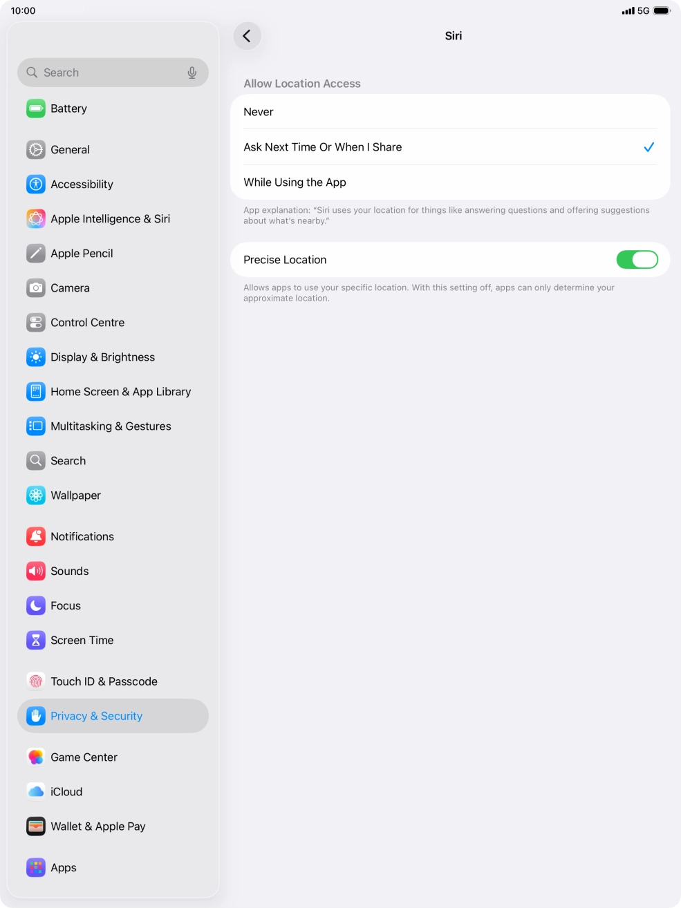 Press the required setting to turn the function on or off.