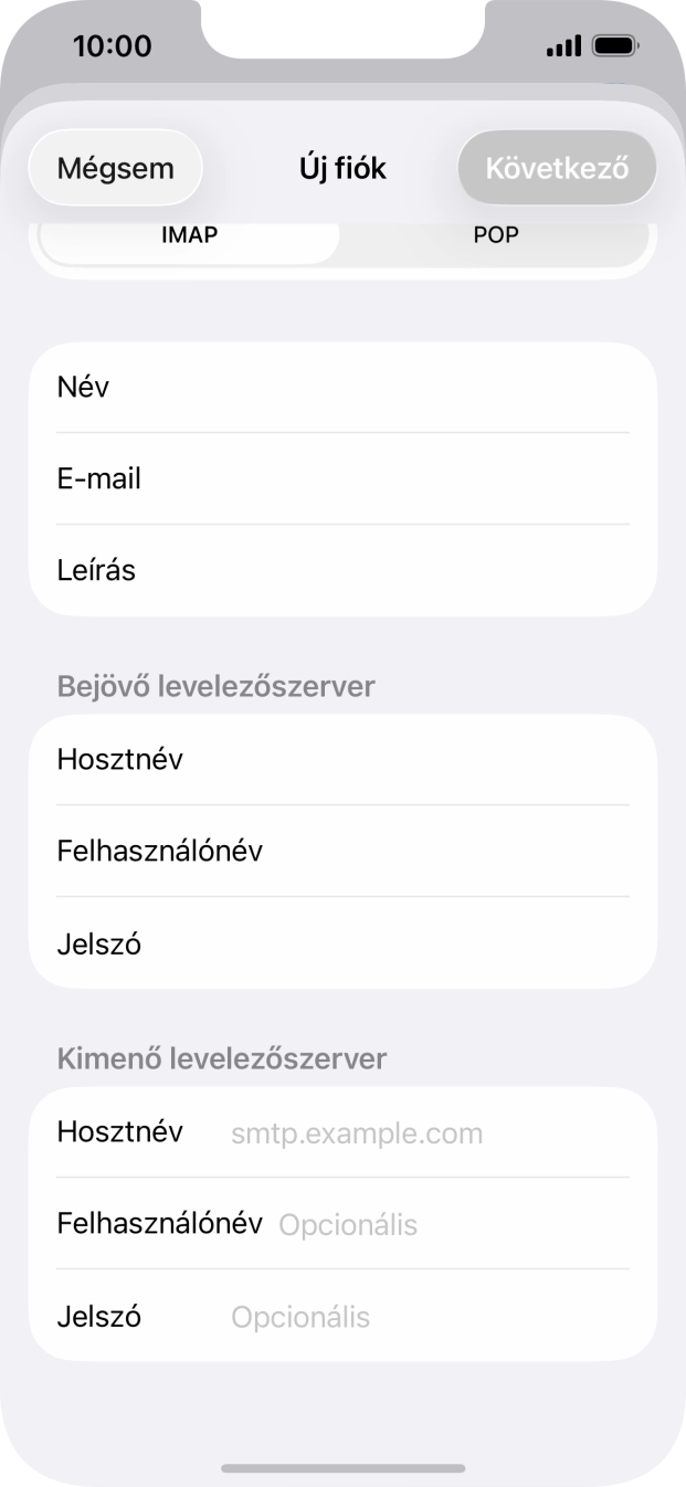 Kattints a Hosztnév mezőre, és írd be az e-mail szolgáltatód kimenő szerverének a nevét.