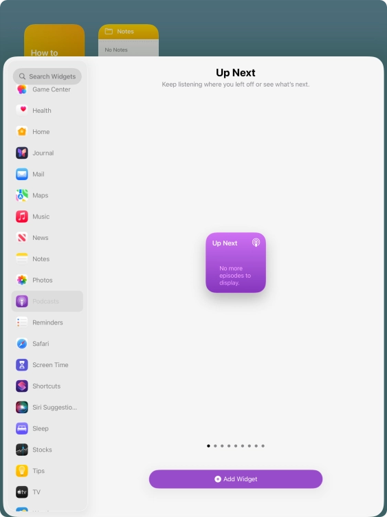 Slide your finger right or left on the screen to select the required widget size.