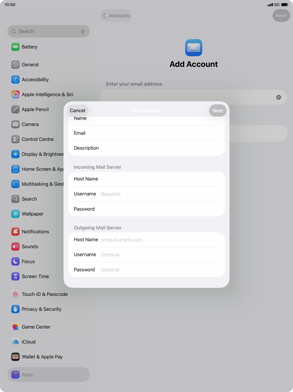 Press Username and key in the username for your email account.