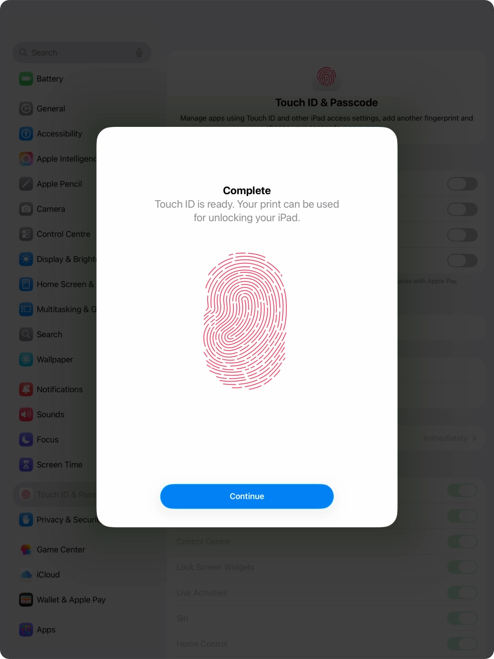 Press Continue. If you haven't previously selected a lock code, key in a code of your own choice twice.