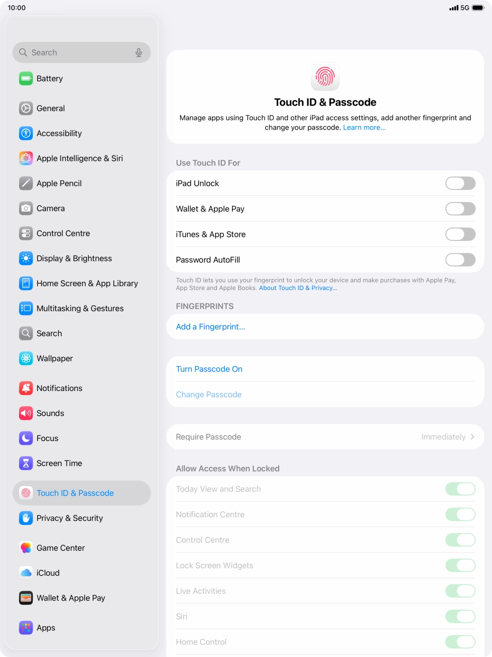 Press Turn Passcode On and key in a lock code of your own choice twice.