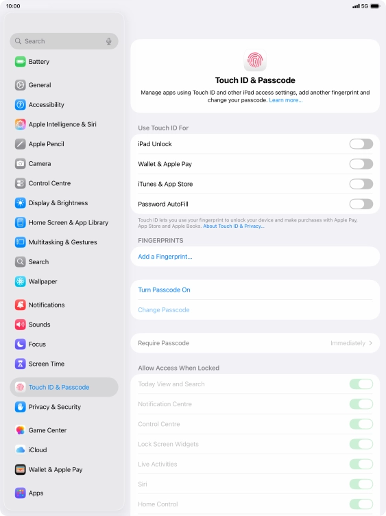 Press Turn Passcode On and key in a lock code of your own choice twice.