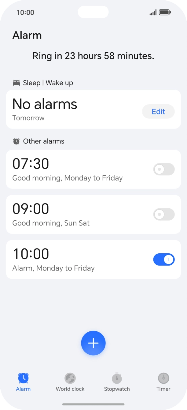 Press the indicator next to the required alarm to turn the alarm on or off.