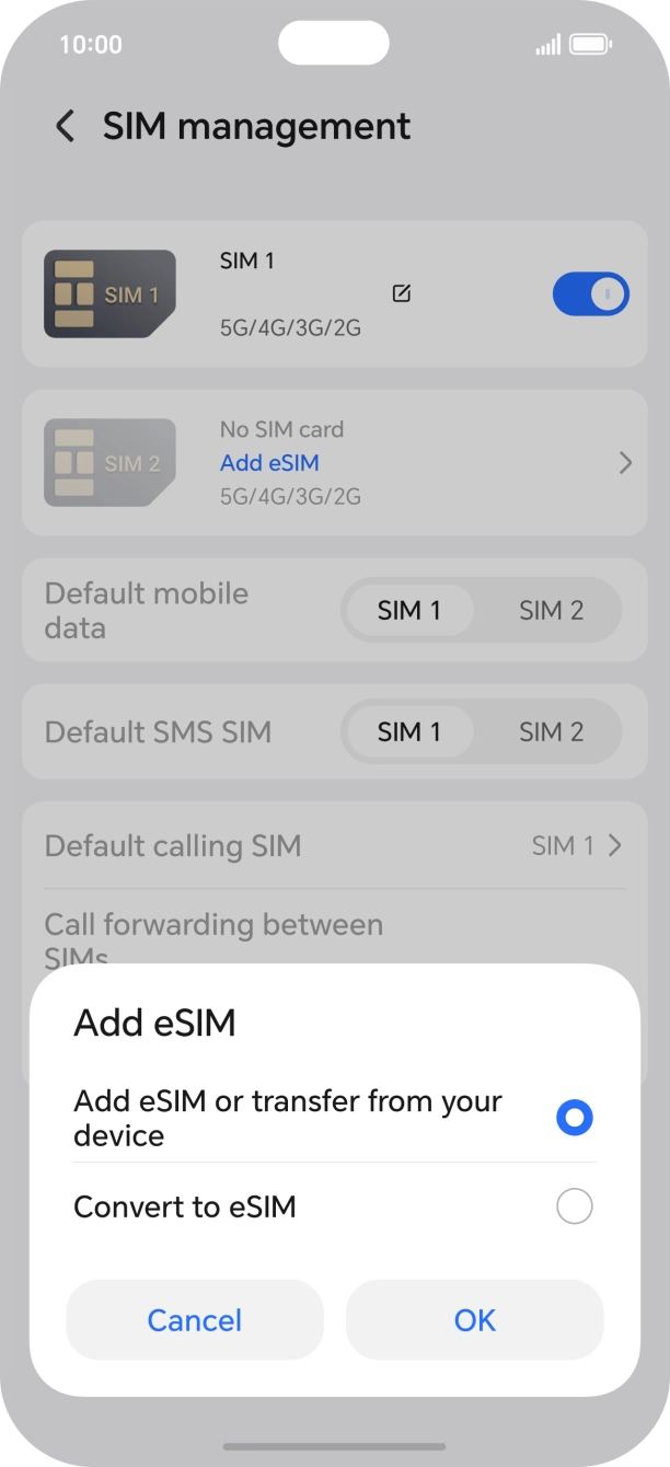 Press Add eSIM or transfer from your device. Press Add eSIM or transfer from your device.