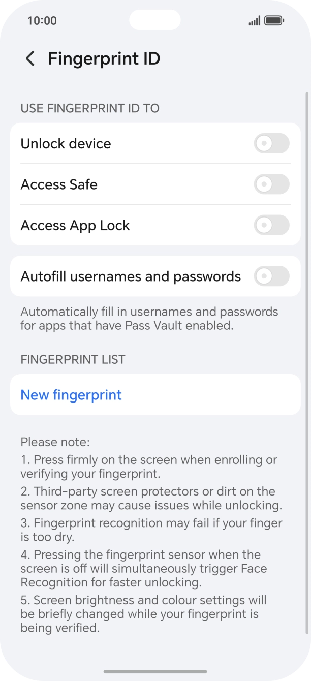 Press New fingerprint. Press New fingerprint.