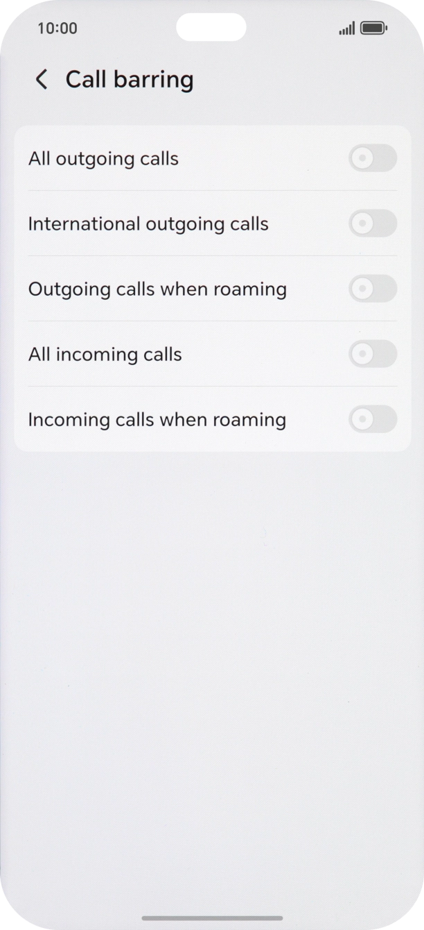 Press the indicator next to the required barring type to turn the function on or off. Press the indicator next to the required barring type to turn the function on or off.