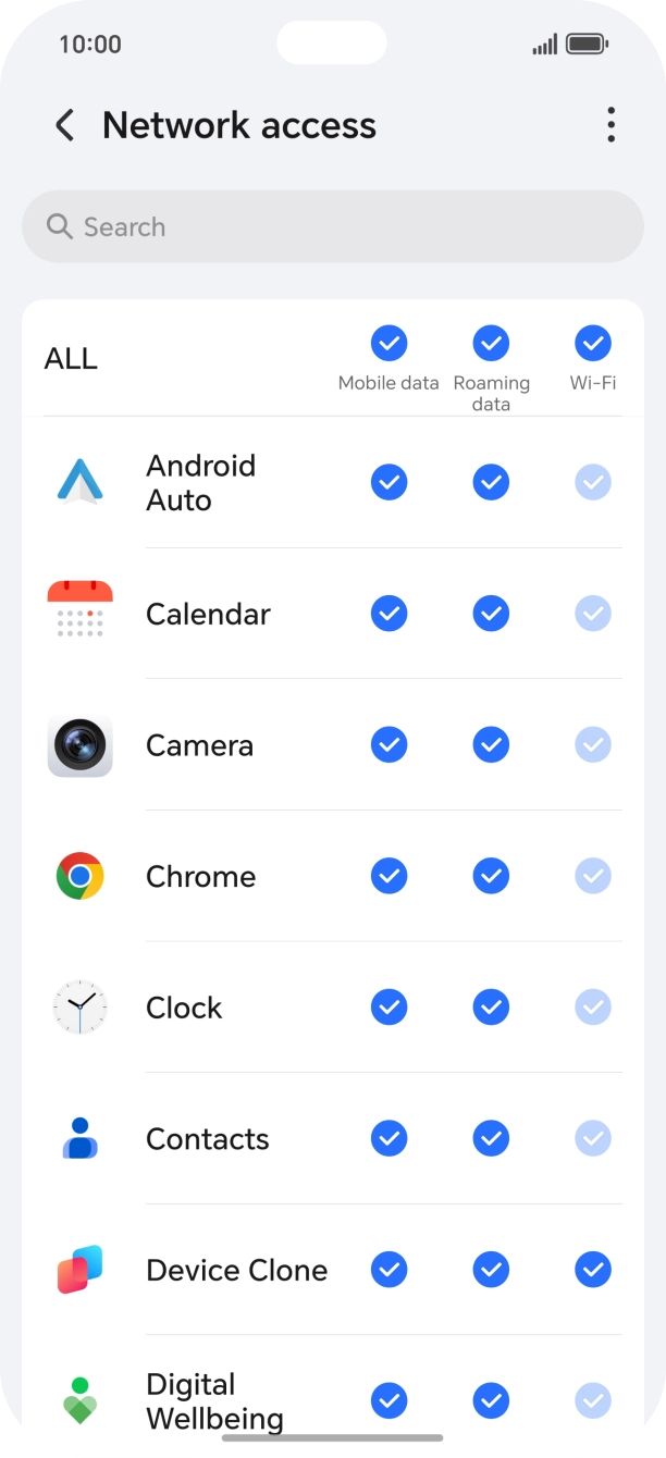 Press the field in the 'Mobile data' column next to the required app to turn the function on or off.