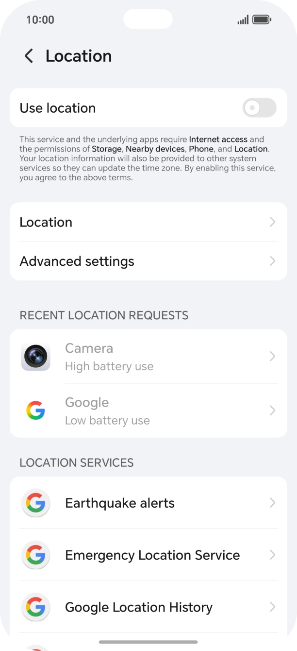 Press the indicator next to 'Use location' to turn the function on or off. Press the indicator next to 'Use location' to turn the function on or off.