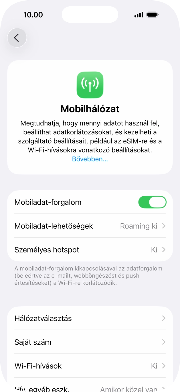 Kattints a „Mobiladat-forgalom” melletti csúszkára a funkció be- vagy kikapcsolásához.
