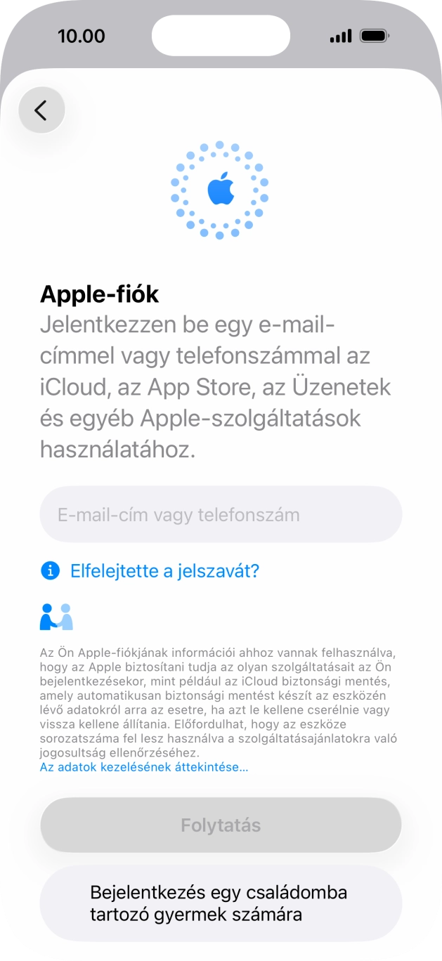 Válaszd az E-mail-cím vagy telefonszám lehetőséget, és írd be az Apple-fiókodhoz tartozó felhasználónevet.