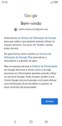 Prima Aceitar e siga as indicações no ecrã para escolher as definições da conta Google.