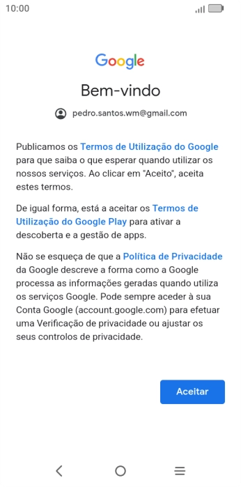 Prima Aceitar e siga as indicações no ecrã para escolher as definições da conta Google.
