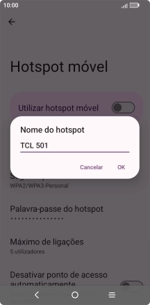 Introduza o nome pretendido do hotspot Wi-Fi e prima OK.