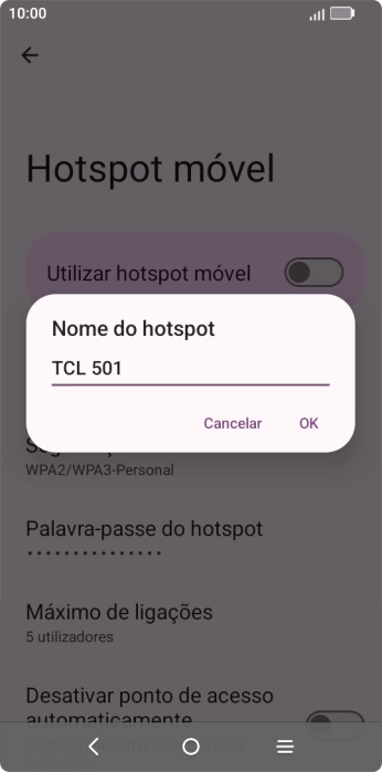 Introduza o nome pretendido do hotspot Wi-Fi e prima OK.