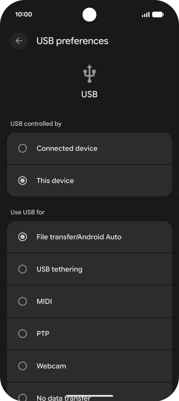 Press File transfer/Android Auto. Press File transfer/Android Auto.
