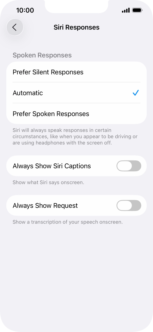 Press the required setting.