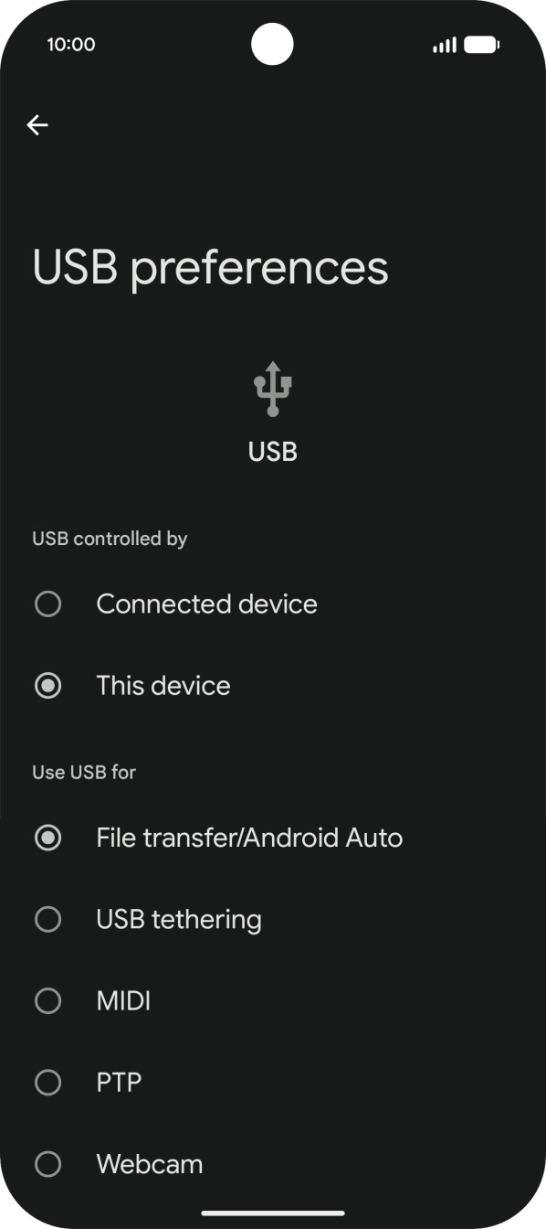 Press File transfer/Android Auto. Press File transfer/Android Auto.