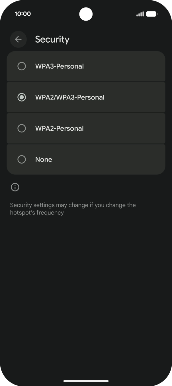 Press WPA3-Personal to password protect your WiFi hotspot. Press WPA3-Personal to password protect your WiFi hotspot.