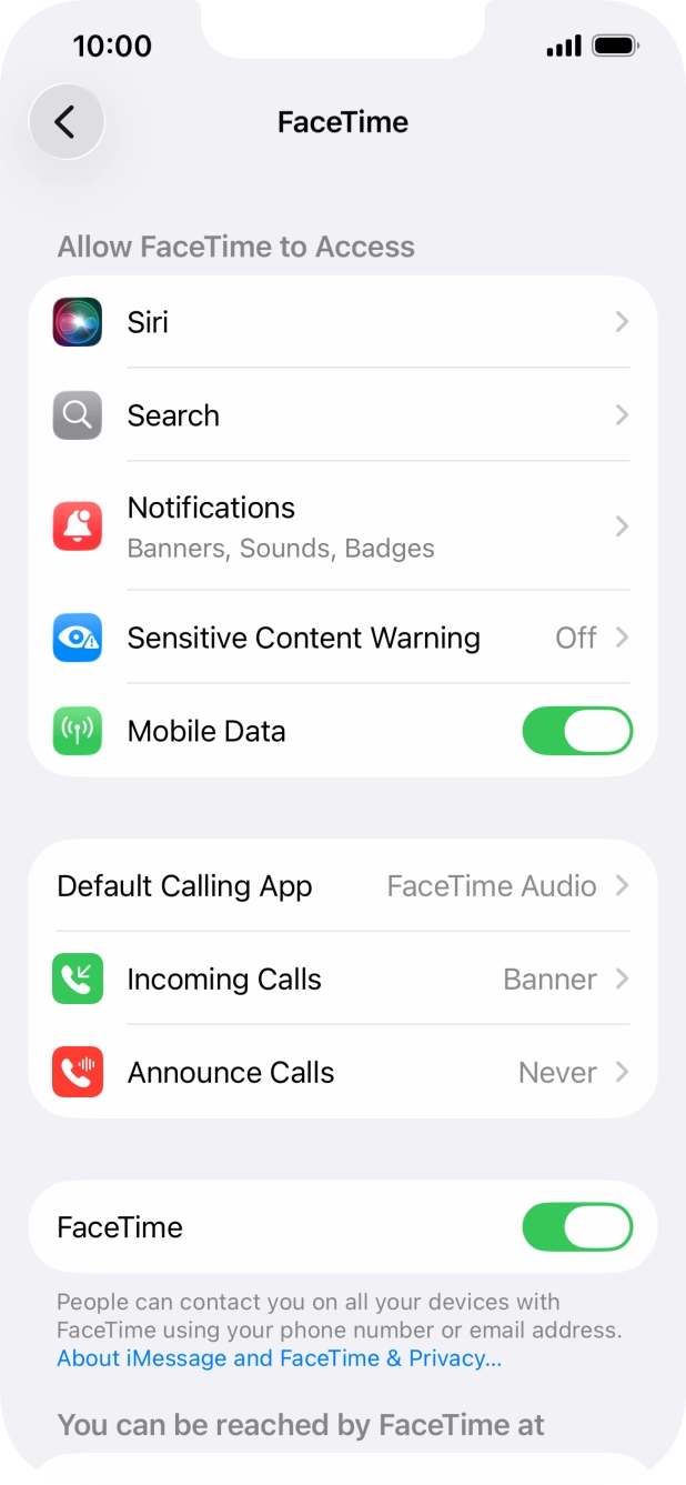 Press the indicator next to 'FaceTime' to turn the function on or off.