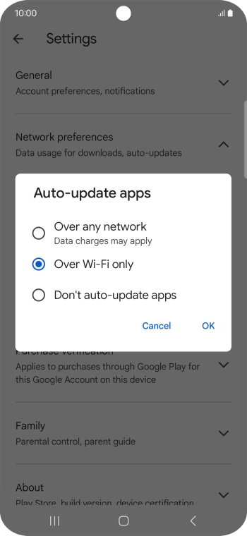 To turn on automatic update of apps using mobile network, press Over any network. To turn on automatic update of apps using mobile network, press Over any network.