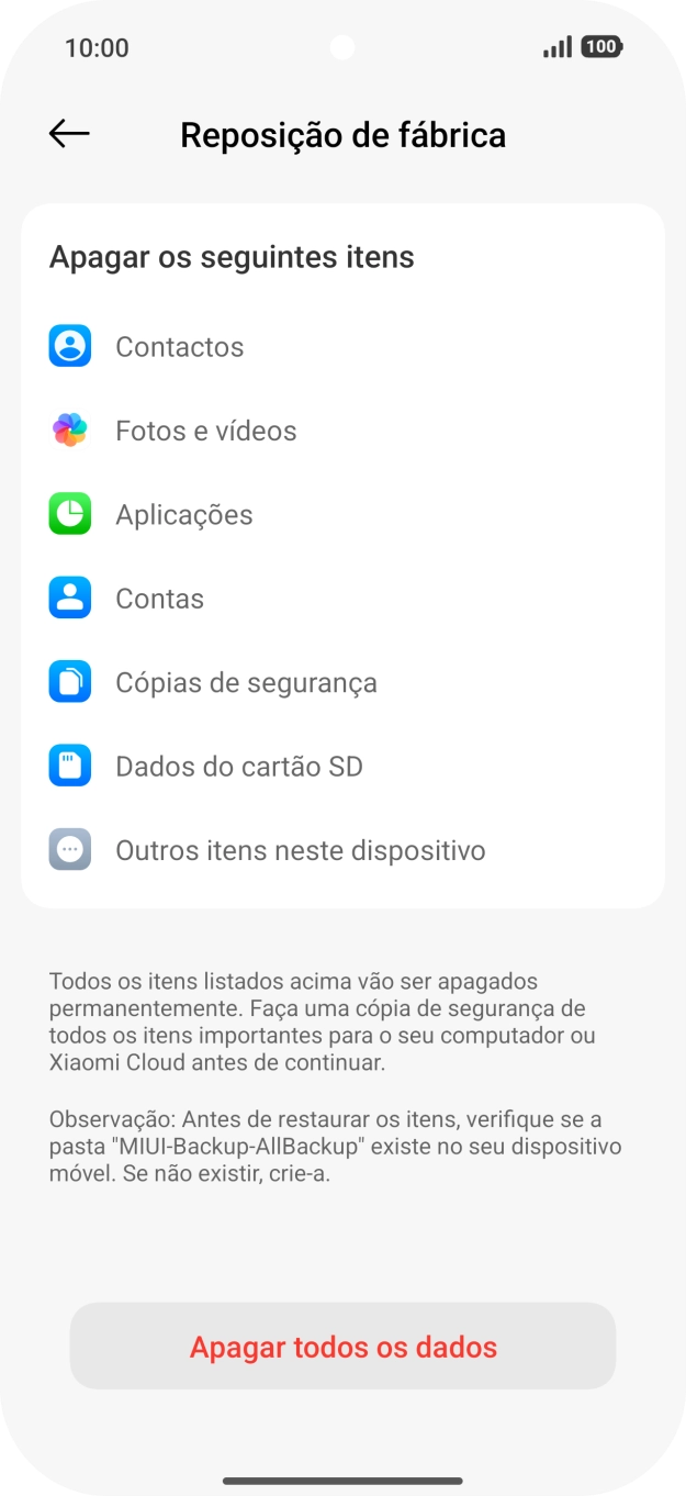 Prima Apagar todos os dados.