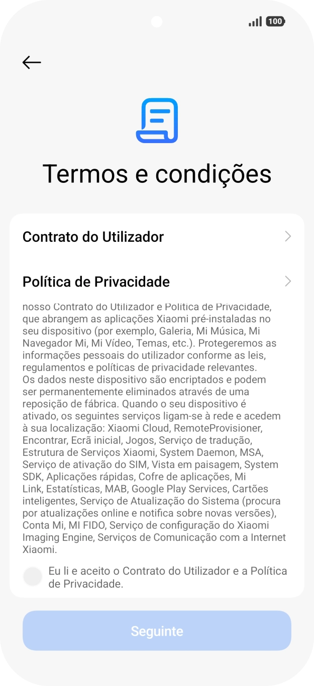Prima o campo para aceitar os termos e condições.