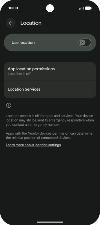 Press the indicator next to 'Use location' to turn the function on or off. Press the indicator next to 'Use location' to turn the function on or off.