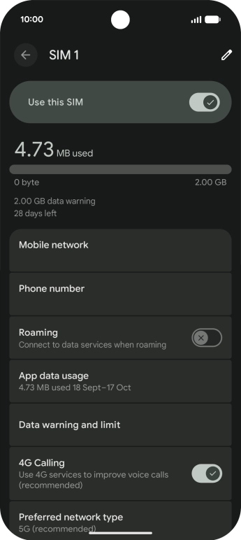 Press the indicator next to 'Roaming' to turn the function on or off.