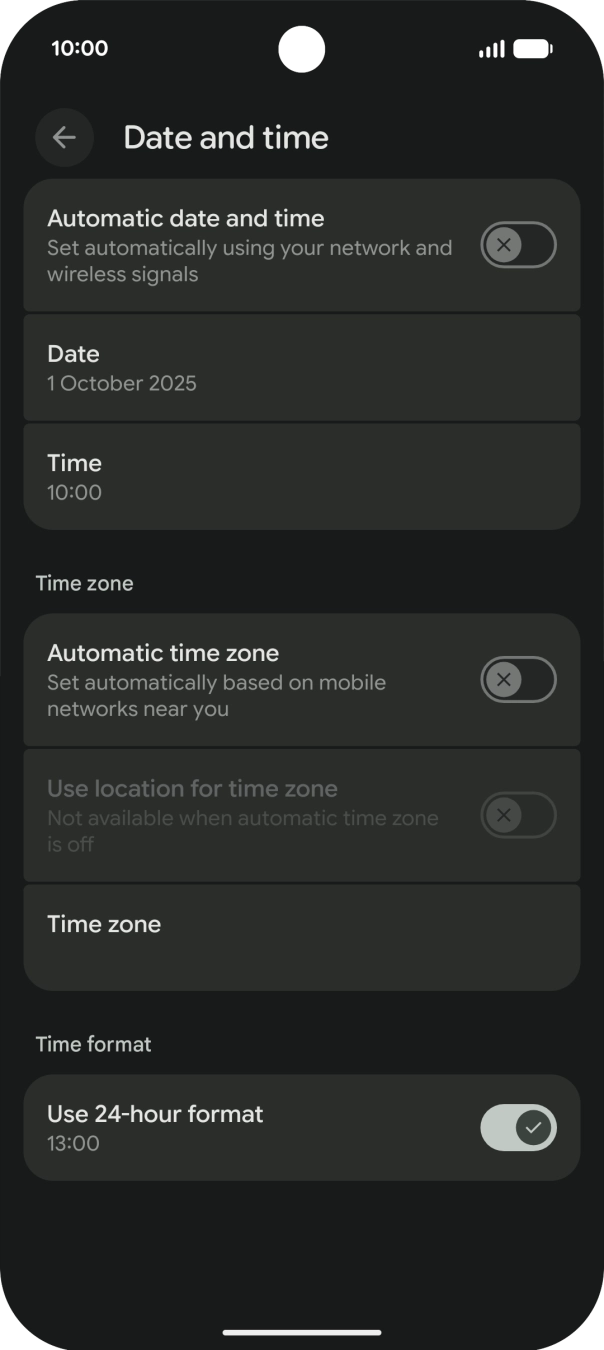 Press the indicator next to 'Automatic date and time' to turn on the function.