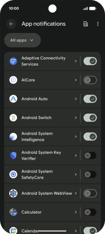 Press the indicator next to the required apps to turn the function on or off. Press the indicator next to the required apps to turn the function on or off.