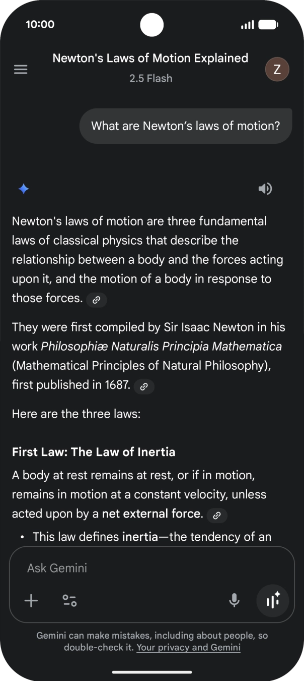 Transcription of the conversation with Gemini Live is now displayed.