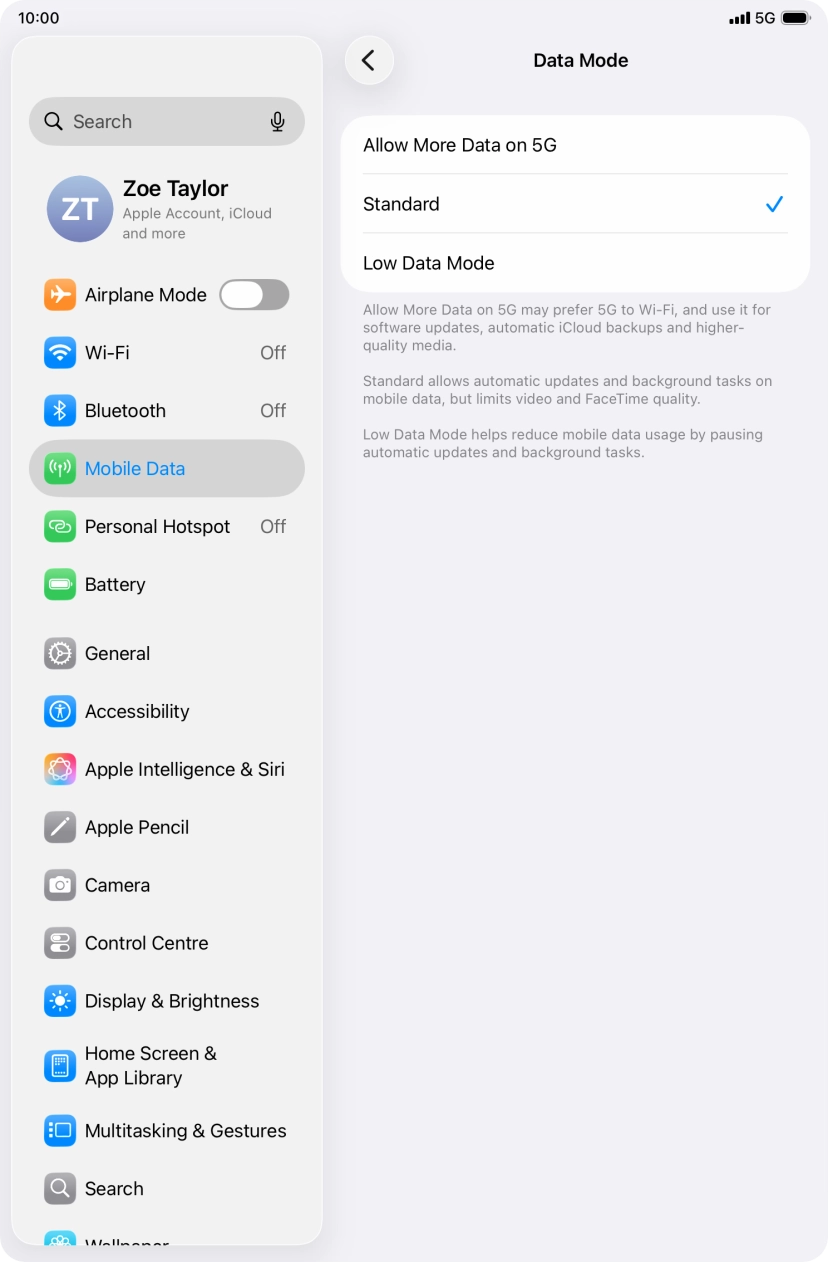 Press the required setting to turn the function on or off.