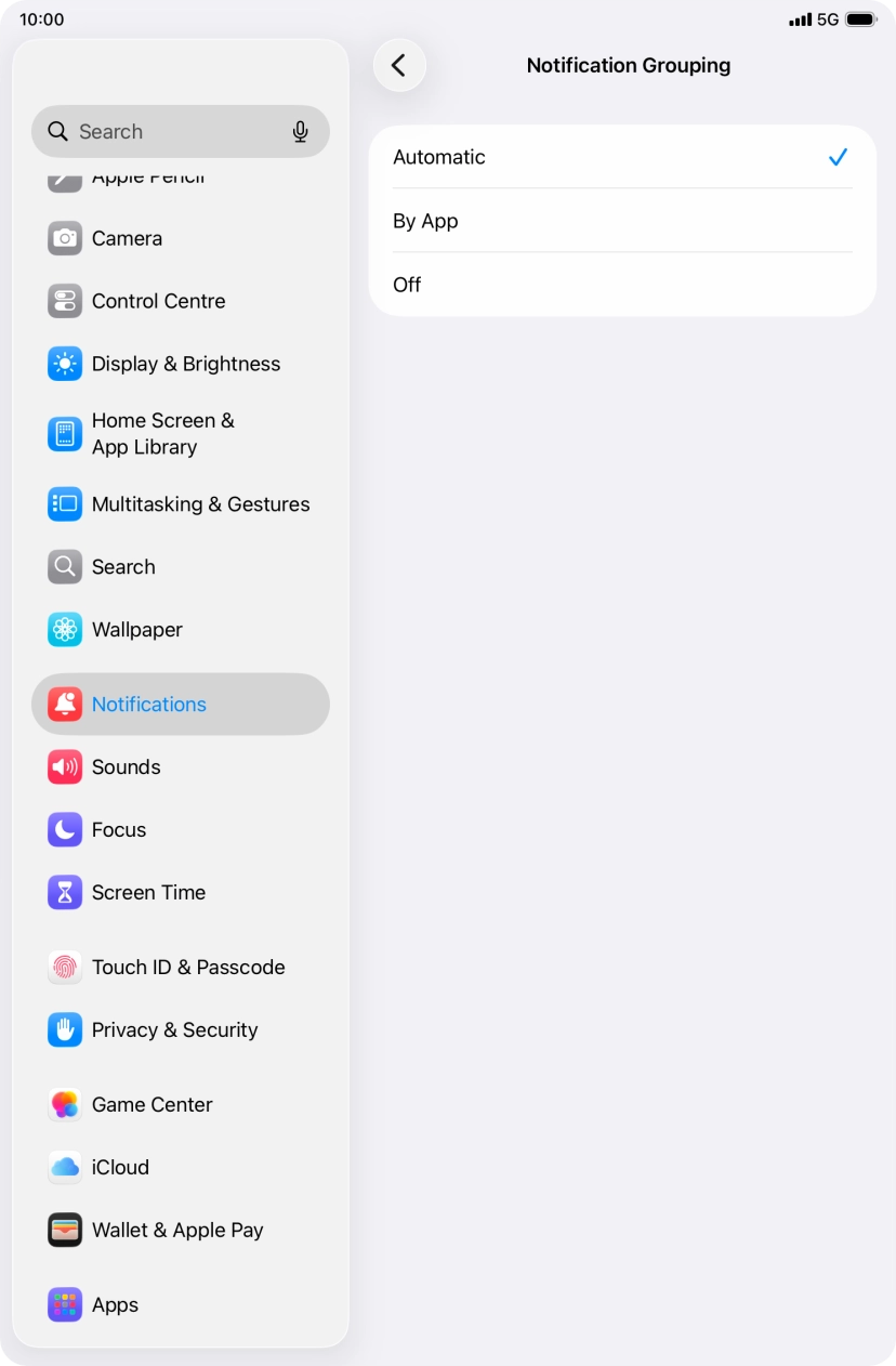 Press the required setting.